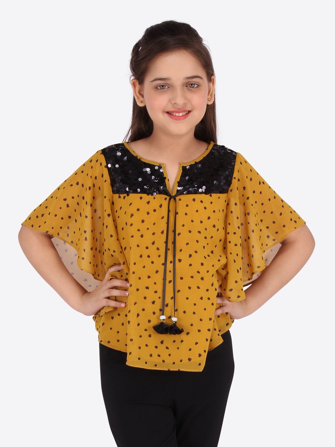 

CUTECUMBER Mustard Printed Flutter Sleeves Georgette Regular Top