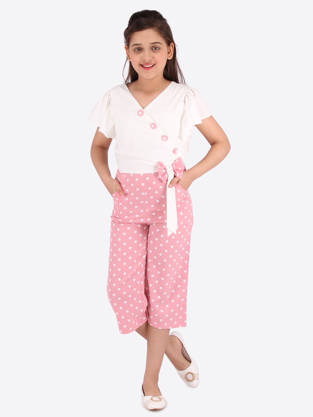 

CUTECUMBER Girls Pink & White Polka Dot Printed Basic Jumpsuit