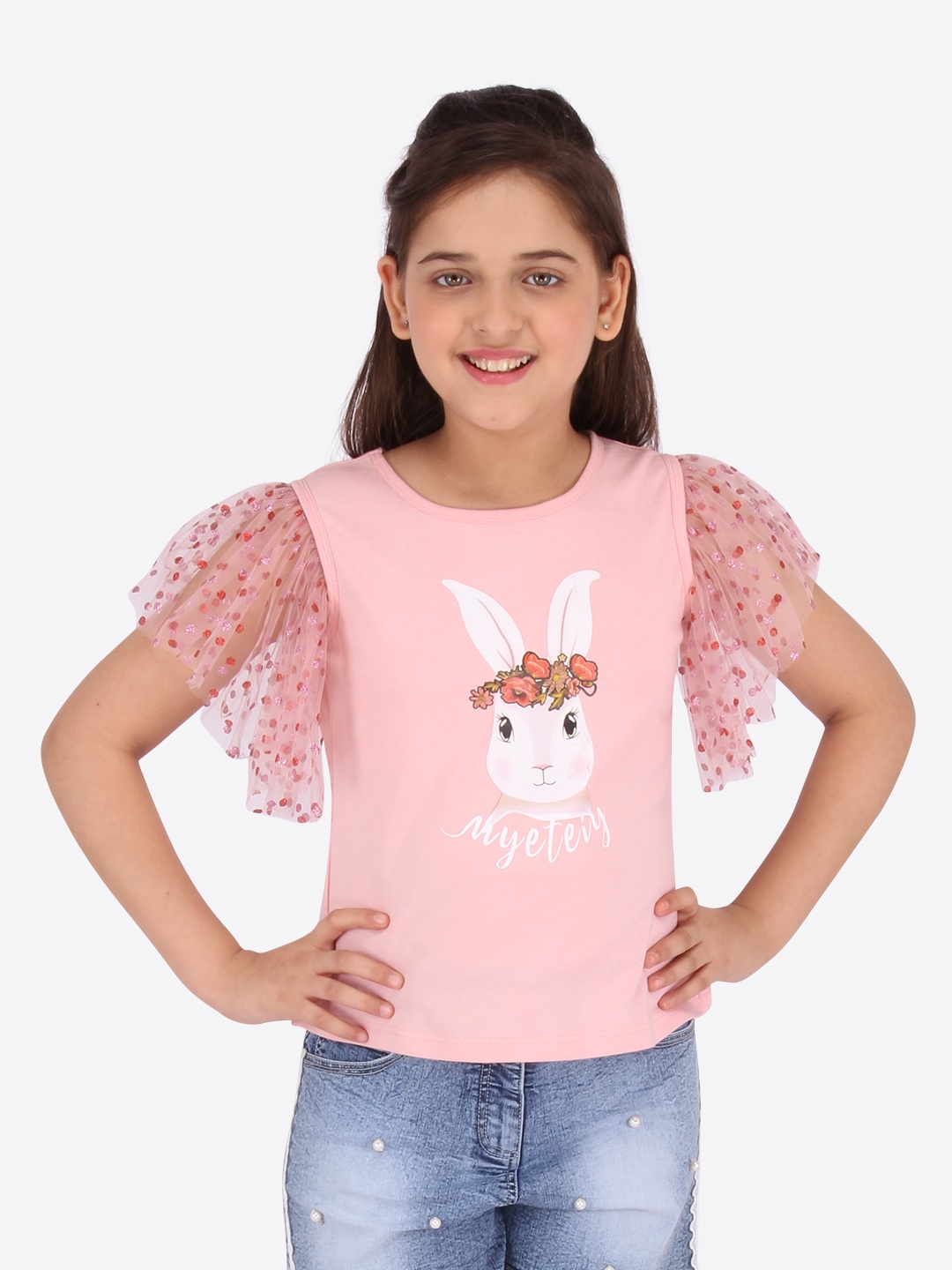 

CUTECUMBER Girls Peach-Coloured Animal Printed Flutter Sleeves Regular Top