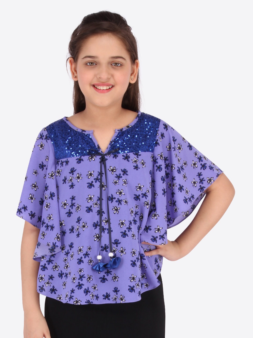 

CUTECUMBER Purple Embellished Peter Pan Collar Flutter Sleeves Georgette Regular Top