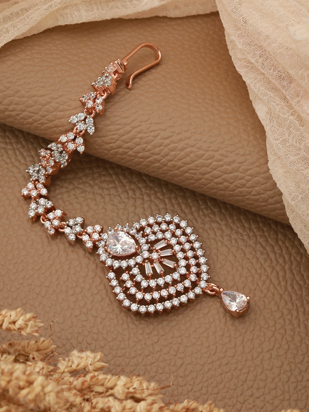 

Saraf RS Jewellery Rose Gold-Plated White CZ & AD-Studded Handcrafted Maang Tikka