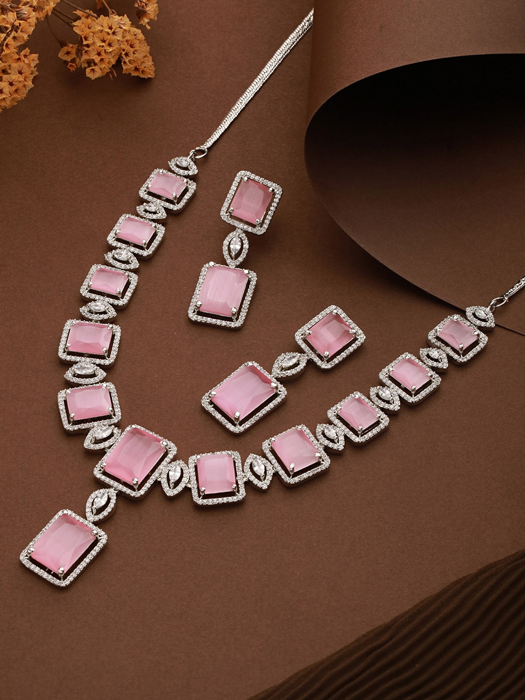 

Saraf RS Jewellery Pink & Silver-Plated American Diamond Handcrafted Jewellery Set
