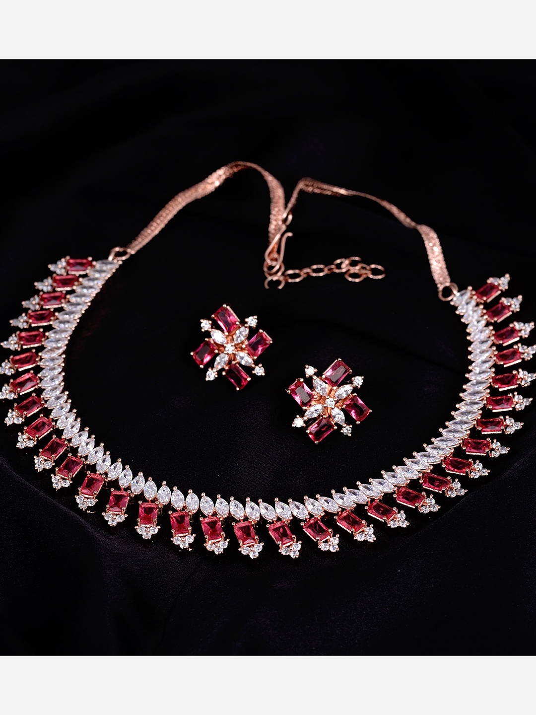 

Saraf RS Jewellery Rose-Gold Plated Ruby AD CZ Studded Jewellery Set