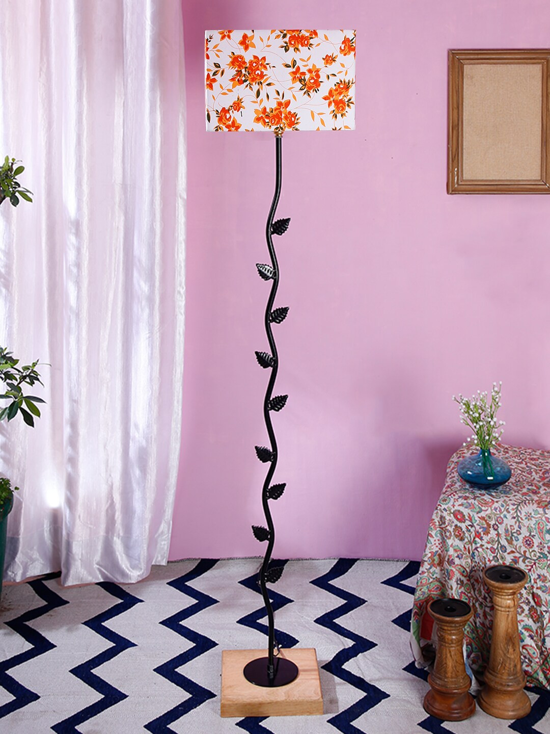 

Devansh White & Orange Printed Cotton Shade Leaf Club Lamp