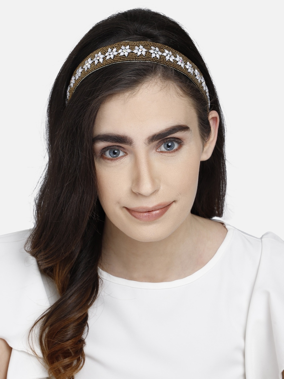 

Anekaant Gold-Toned & White Floral Beaded Velvet Hairband