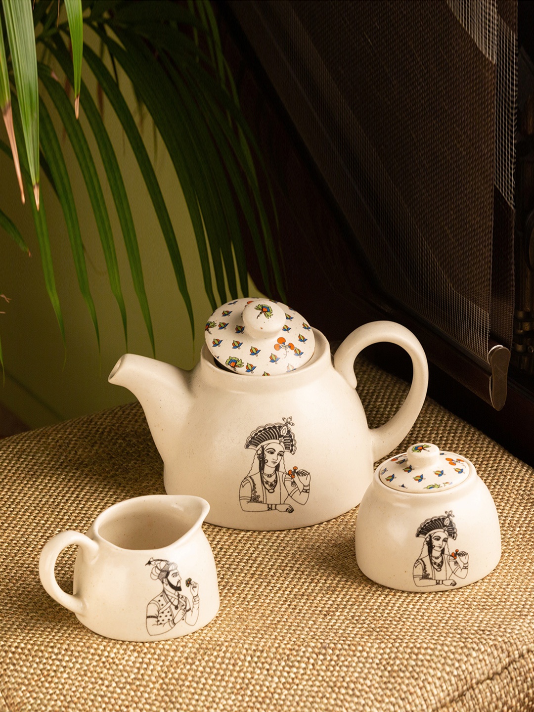 

ExclusiveLane Set Of 3 Cream-Coloured & Black Printed Ceramic Kettle Set
