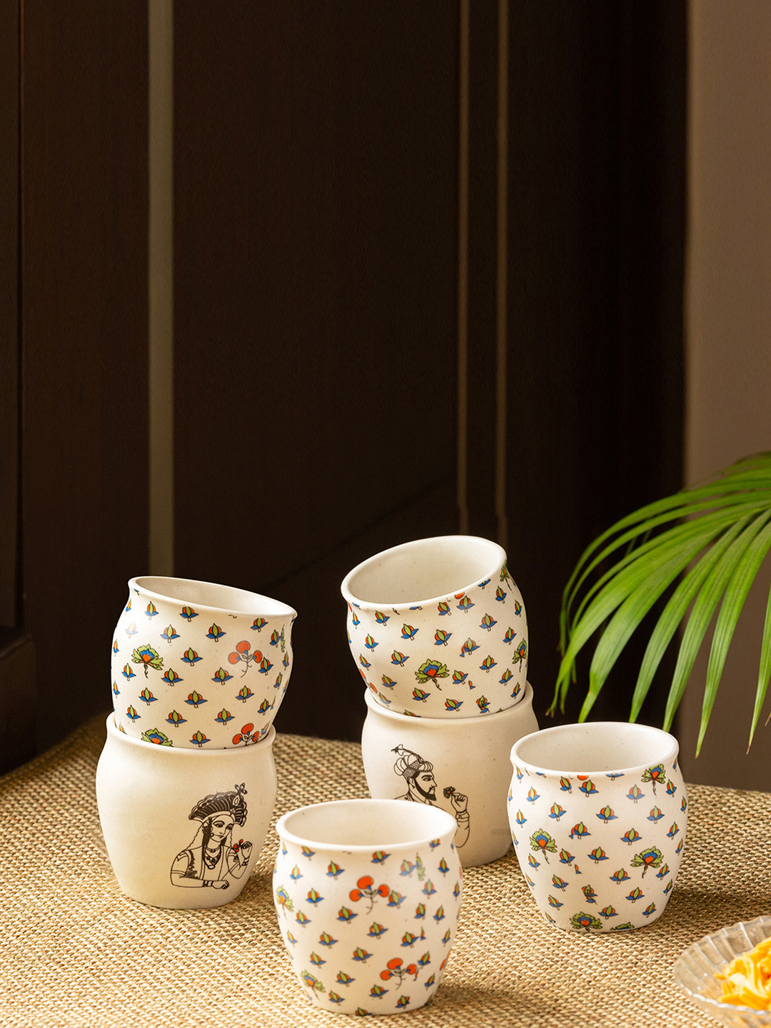 

ExclusiveLane Set of 6 Cream & Green Printed Ceramic Matte Kulladhs 160 ml