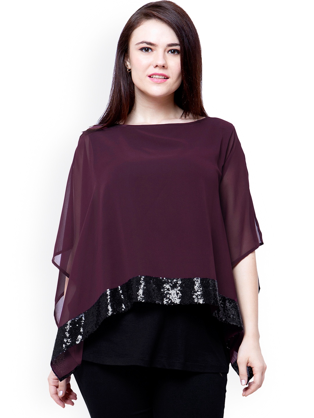 

FabAlley Curve Plus Size Burgundy Georgette Layered Top