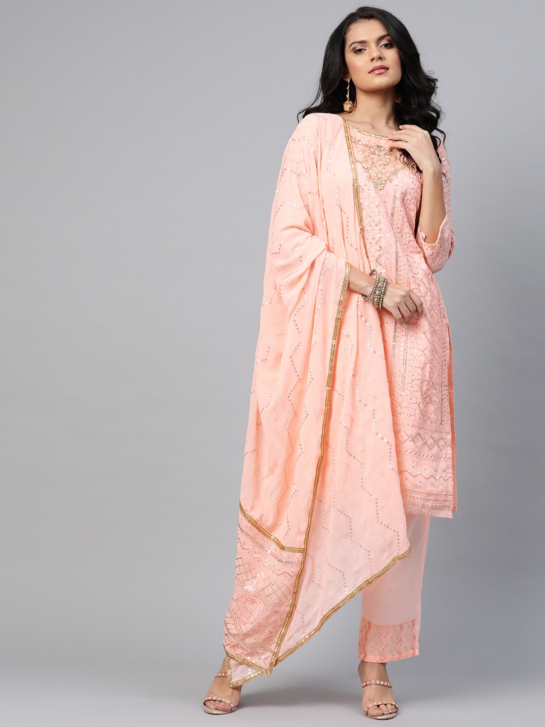 

Readiprint Fashions Peach-Coloured & Golden Embroidered Semi-Stitched Dress Material