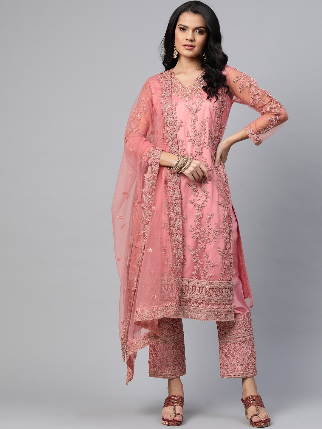 

Readiprint Fashions Peach-Coloured & Golden Embroidered Unstitched Dress Material