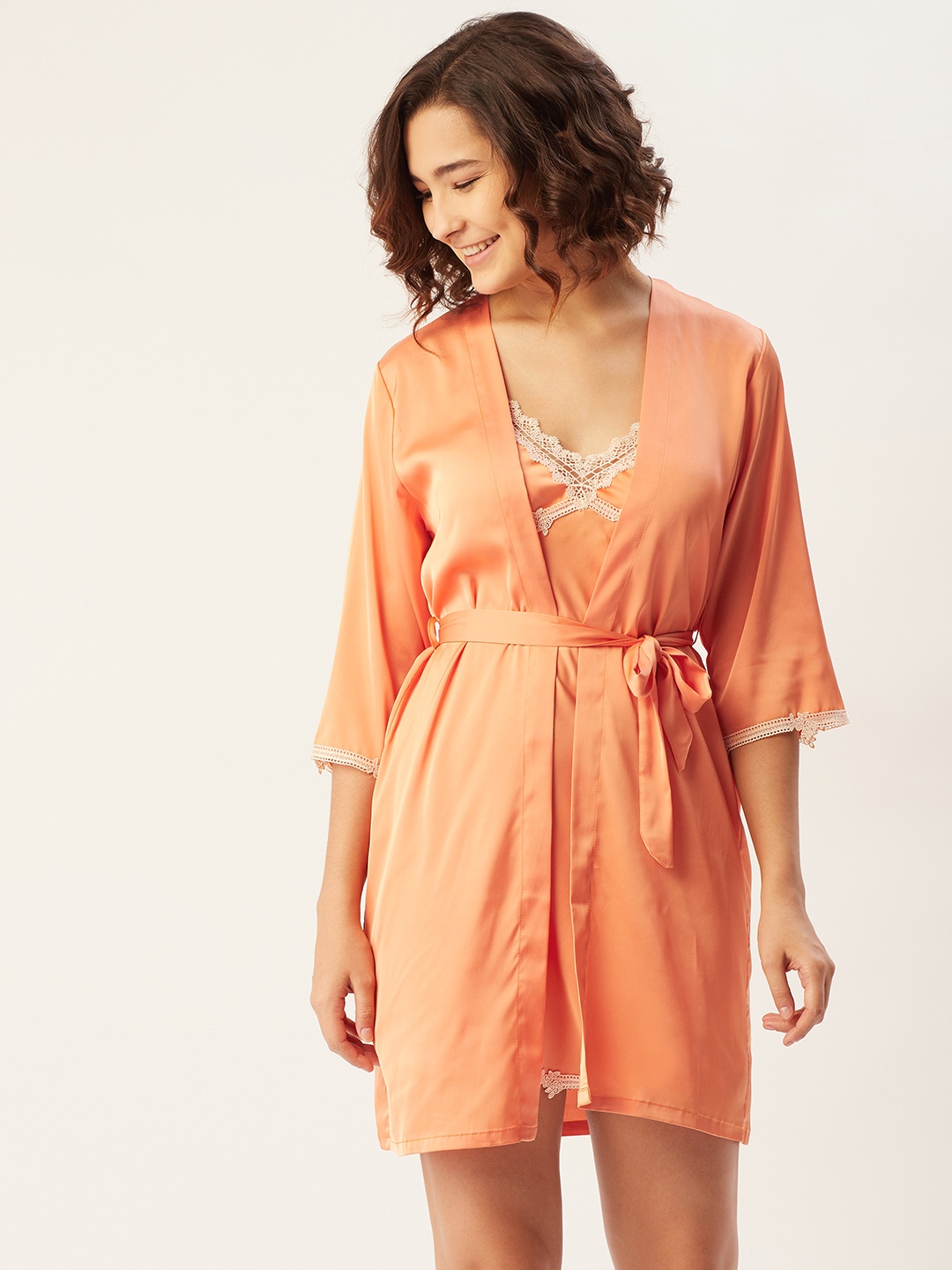 

Sweet Dreams Orange Satin Finish Solid Babydoll with Shrug