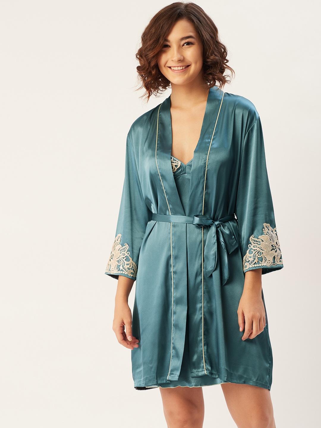 

Sweet Dreams Teal Blue Solid Satin Finish Babydoll with Shrug