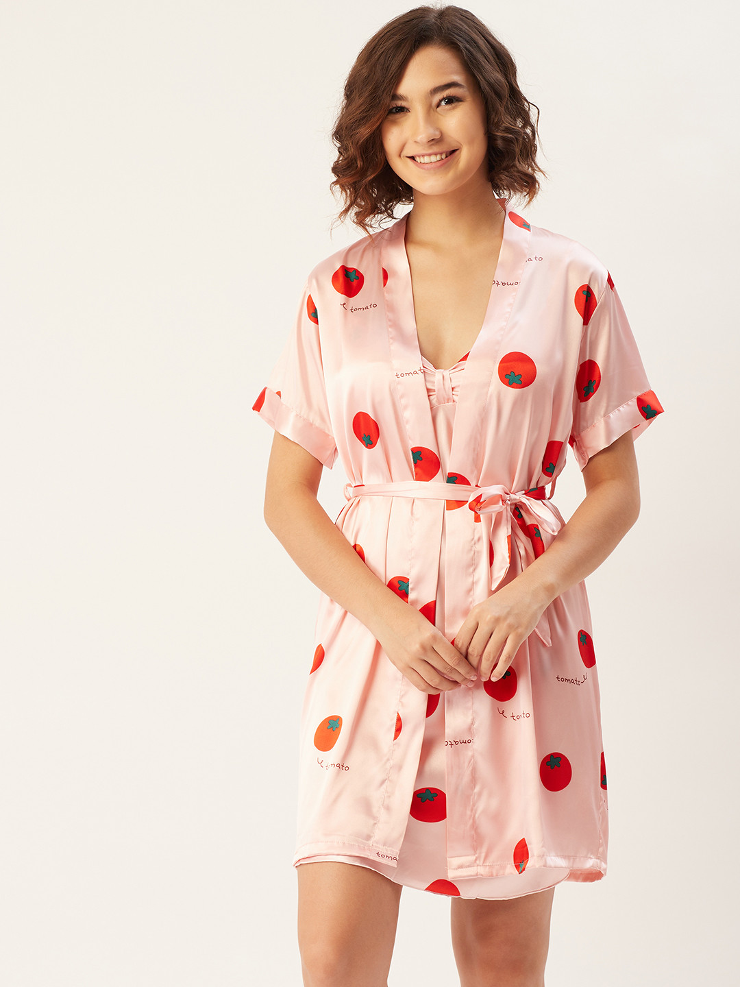 

Sweet Dreams Pink & Red Satin Finish Printed Babydoll with Shrug