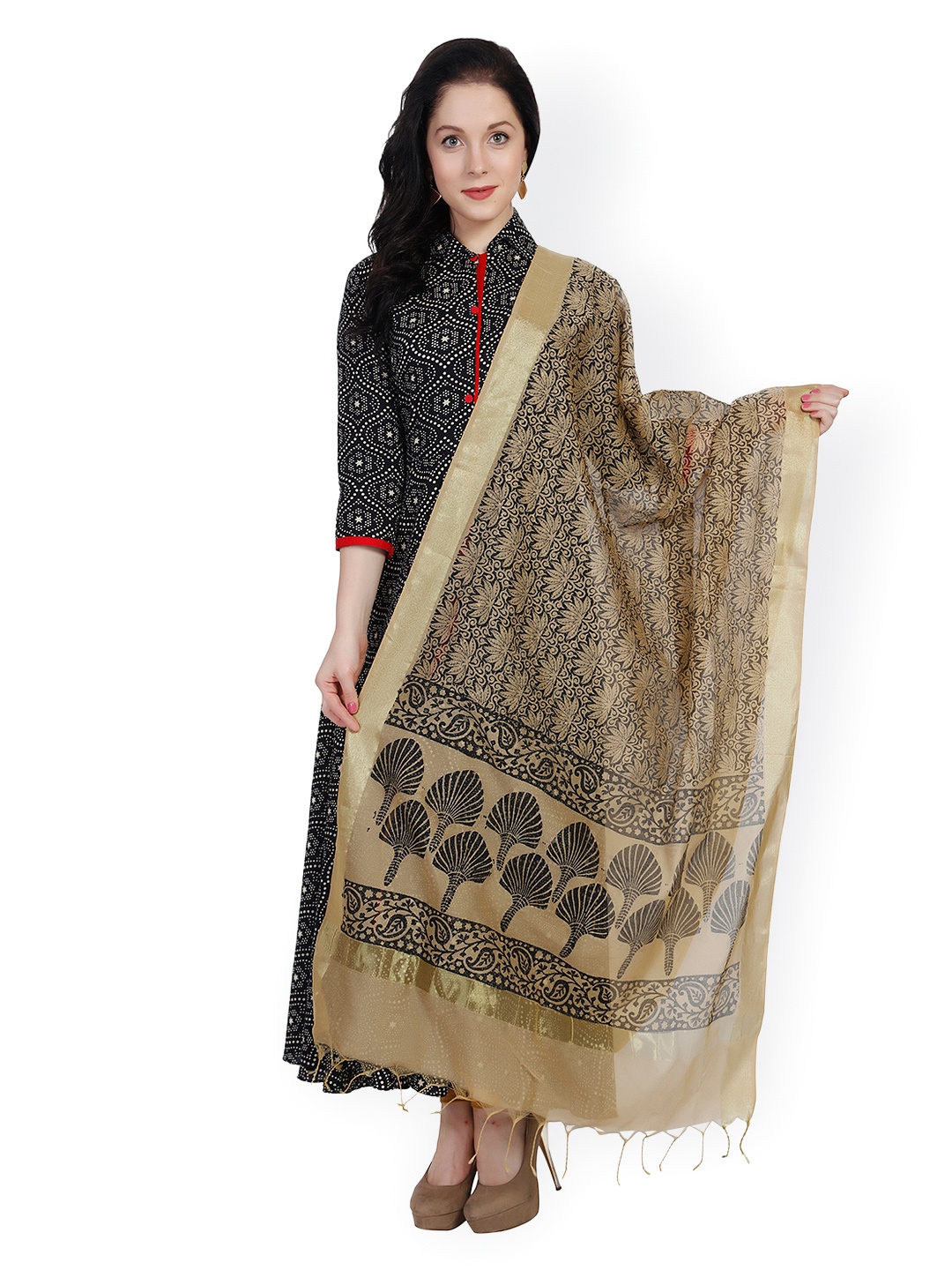 

Dupatta Bazaar Beige & Black Floral Block Print Chanderi Cotton Silk Dupatta