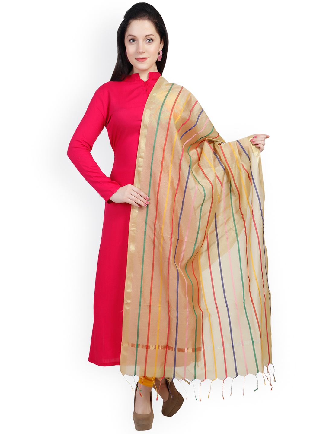 

Dupatta Bazaar Beige Striped Chanderi Cotton Silk Dupatta