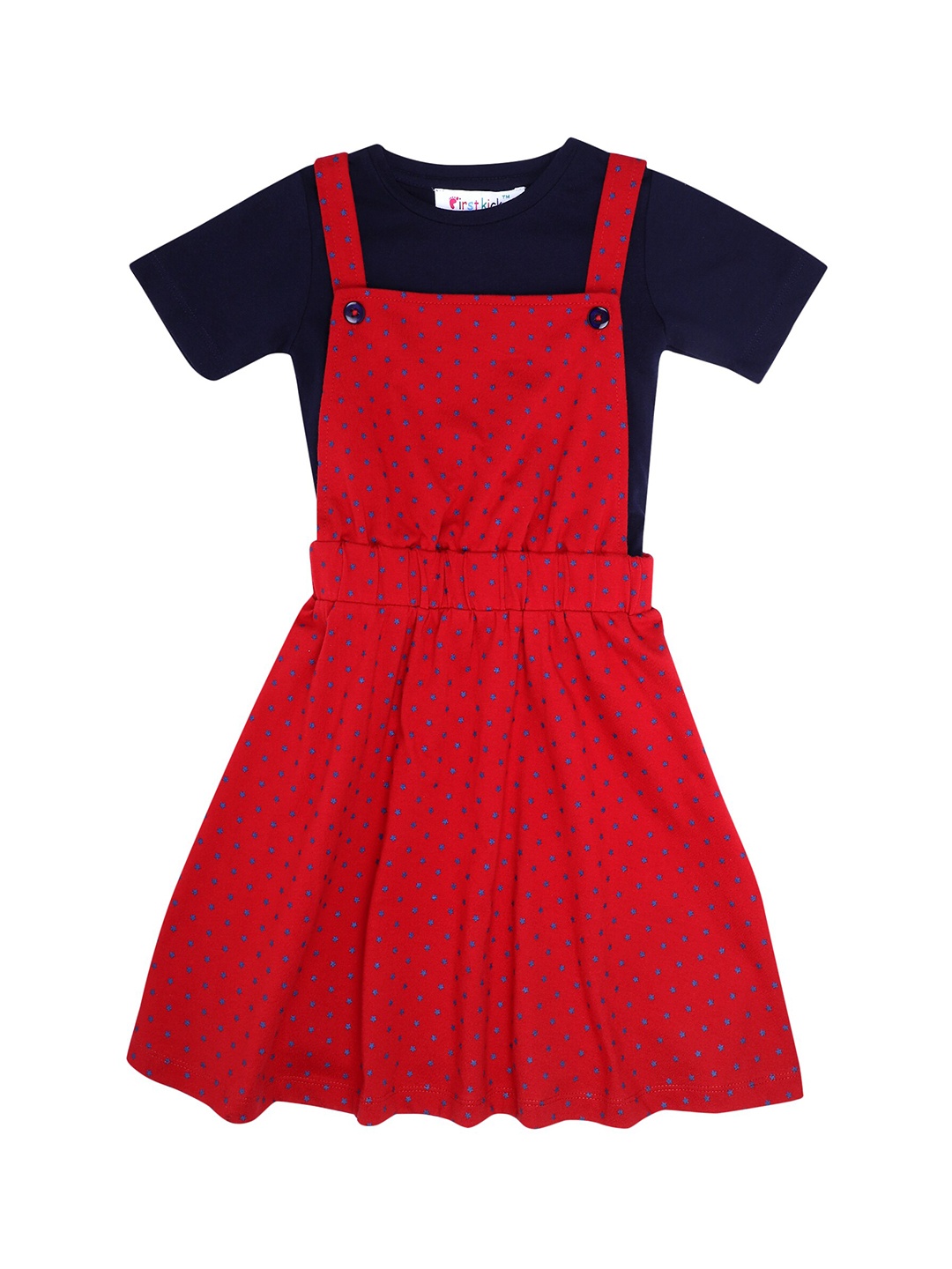 

First Kick Girls Red & Navy Blue Printed Organic Cotton T-shirt with Pinafore Dress