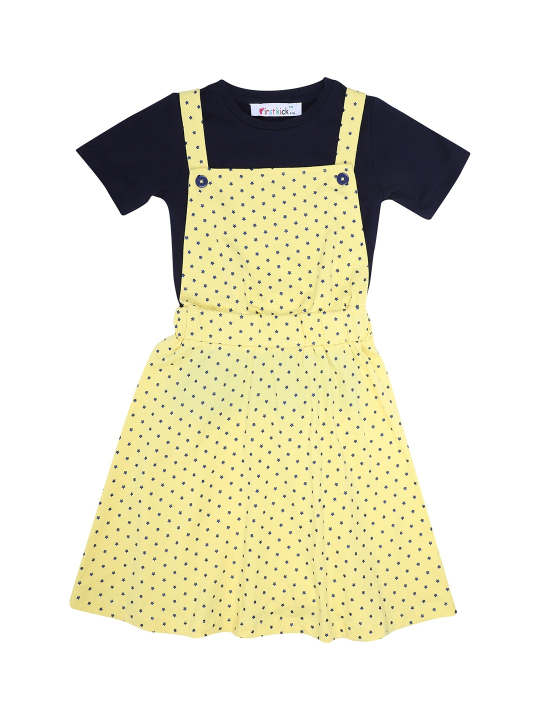 

First Kick Girls Yellow & Navy Blue Solid Organic Cotton T-shirt with Pinafore Skirt