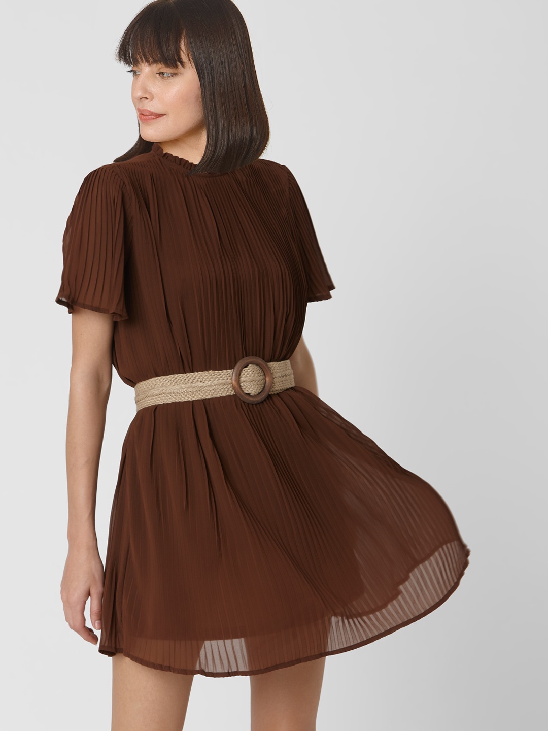 

Vero Moda Women Brown Solid Accordian Pleated Sheath Mini Dress