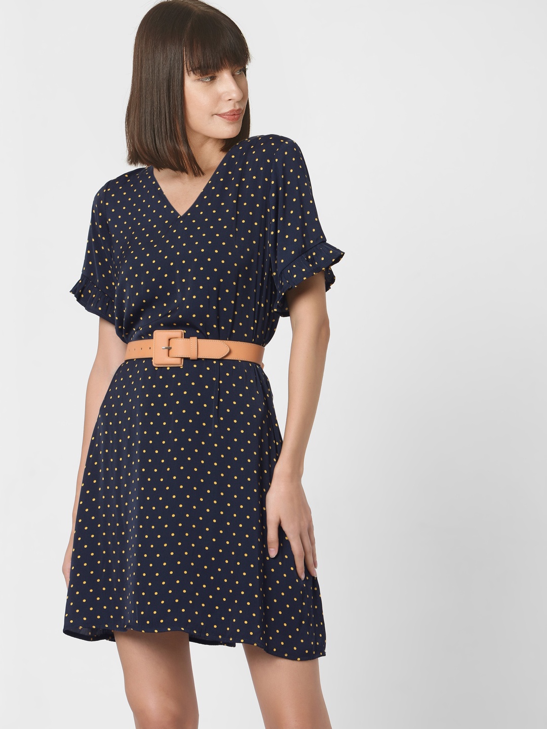 

Vero Moda Women Navy Blue & Peach-Coloured Polka Dots Fit And Flared Dress