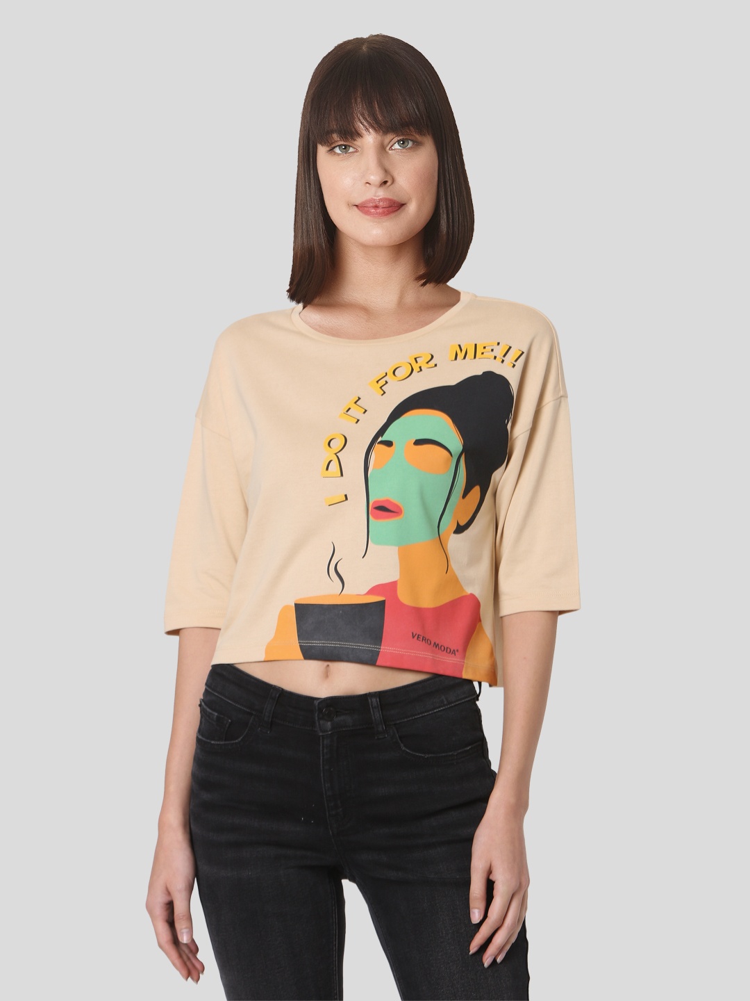 

Vero Moda Women Beige Printed Drop-Shoulder Sleeves T-shirt