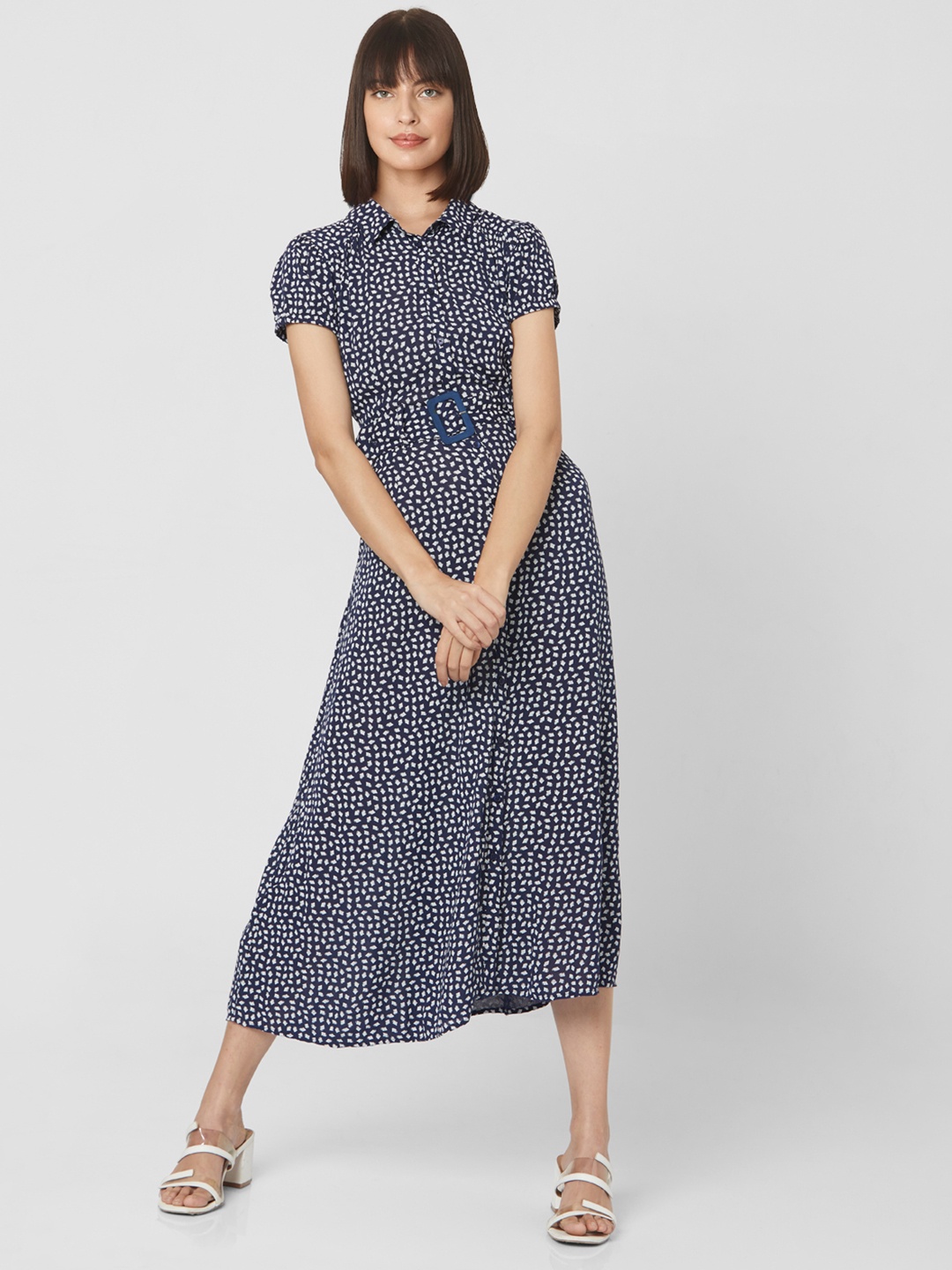

Vero Moda Navy Blue & White Printed Shirt Midi Dress