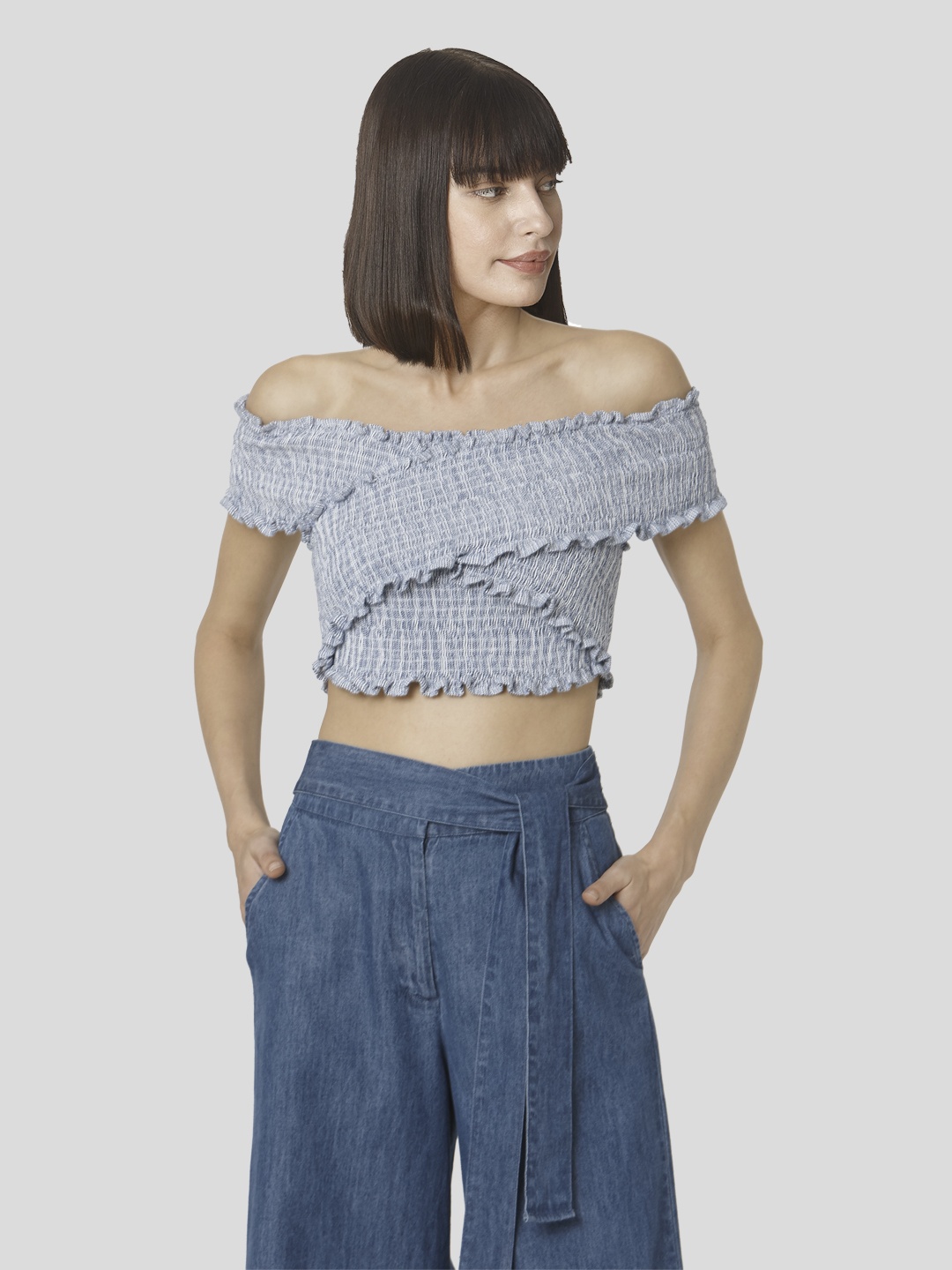 

Vero Moda Blue & White Off-Shoulder Smocked Fitted Crop Top