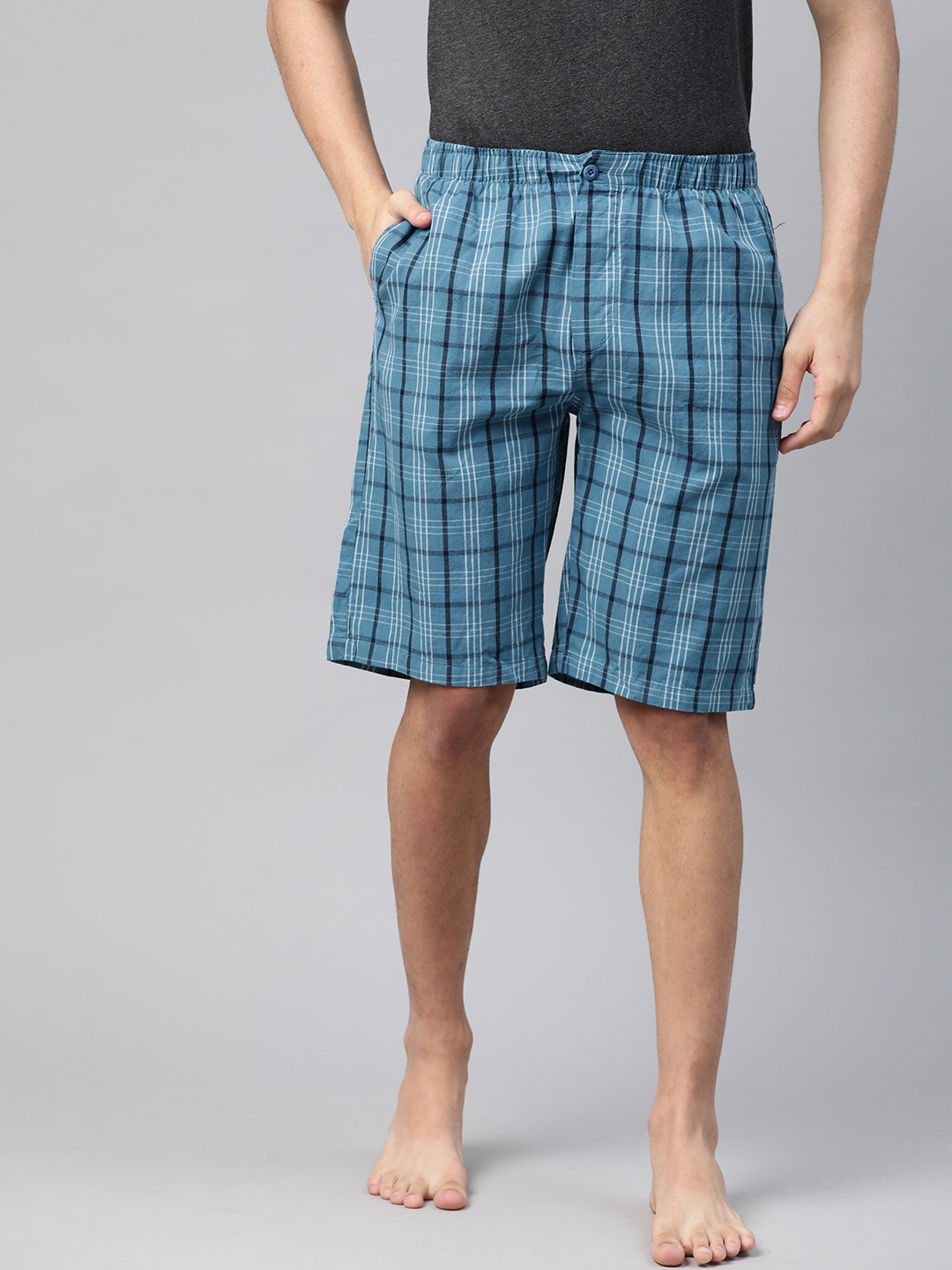 

U S Polo Assn Men Teal Blue & White Pure Cotton Checked Lounge Shorts