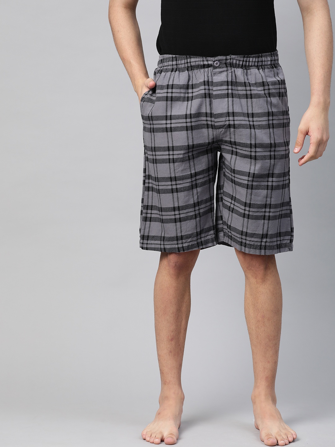 

U S Polo Assn Men Grey & Black Pure Cotton Checked Lounge Shorts