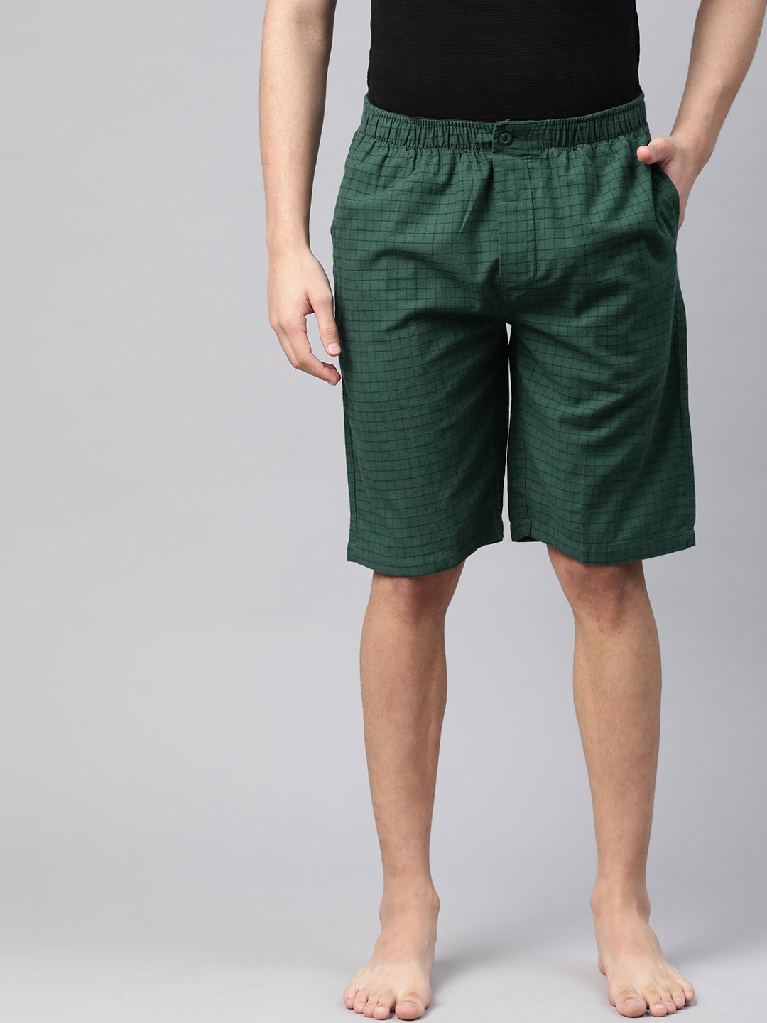 

U S Polo Assn Men Green & Navy Blue Pure Cotton Checked Lounge Shorts