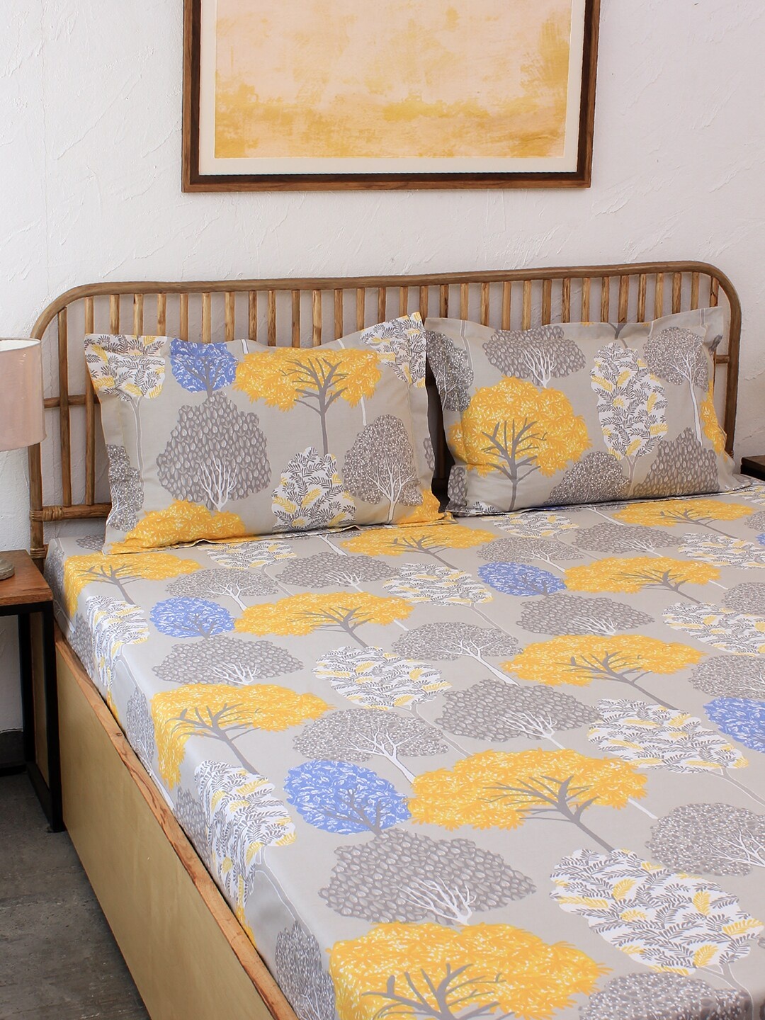

House This Grey & Yellow Floral 180 TC Cotton 1 Queen Bedsheet with 2 Pillow Covers