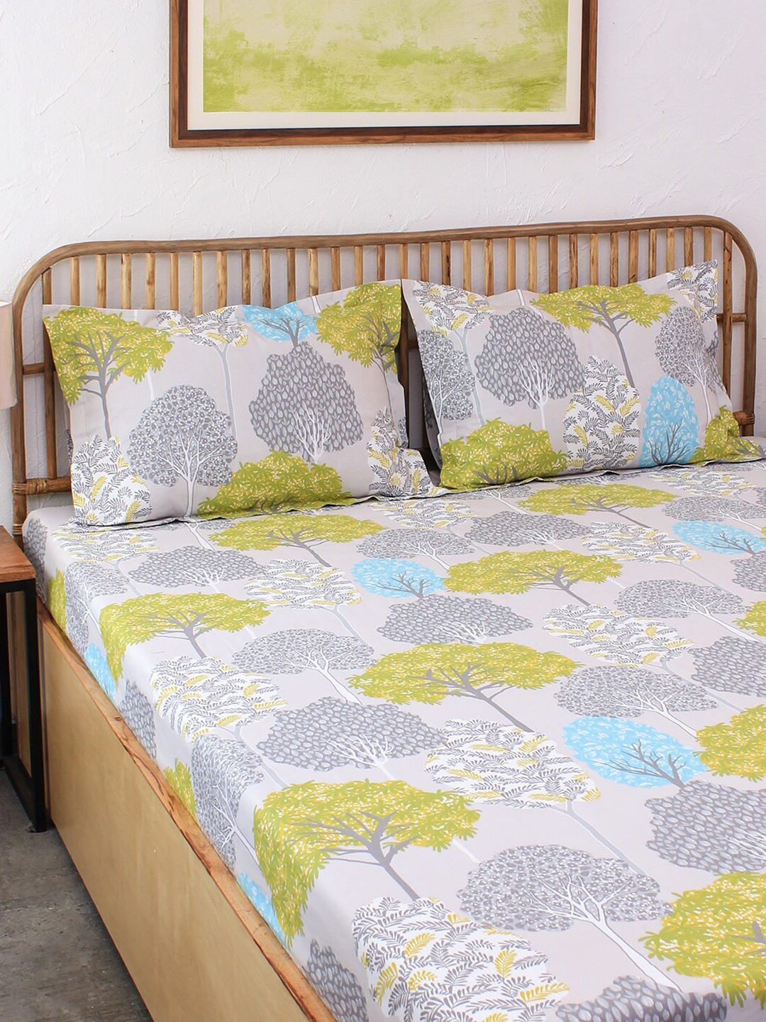 

House This Grey & Yellow Floral 180 TC Cotton 1 Queen Bedsheet with 2 Pillow Covers