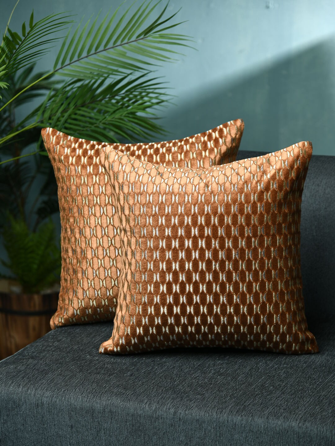 

AMOROSA Brown & Grey Set of 2 Abstract Square Cushion Covers
