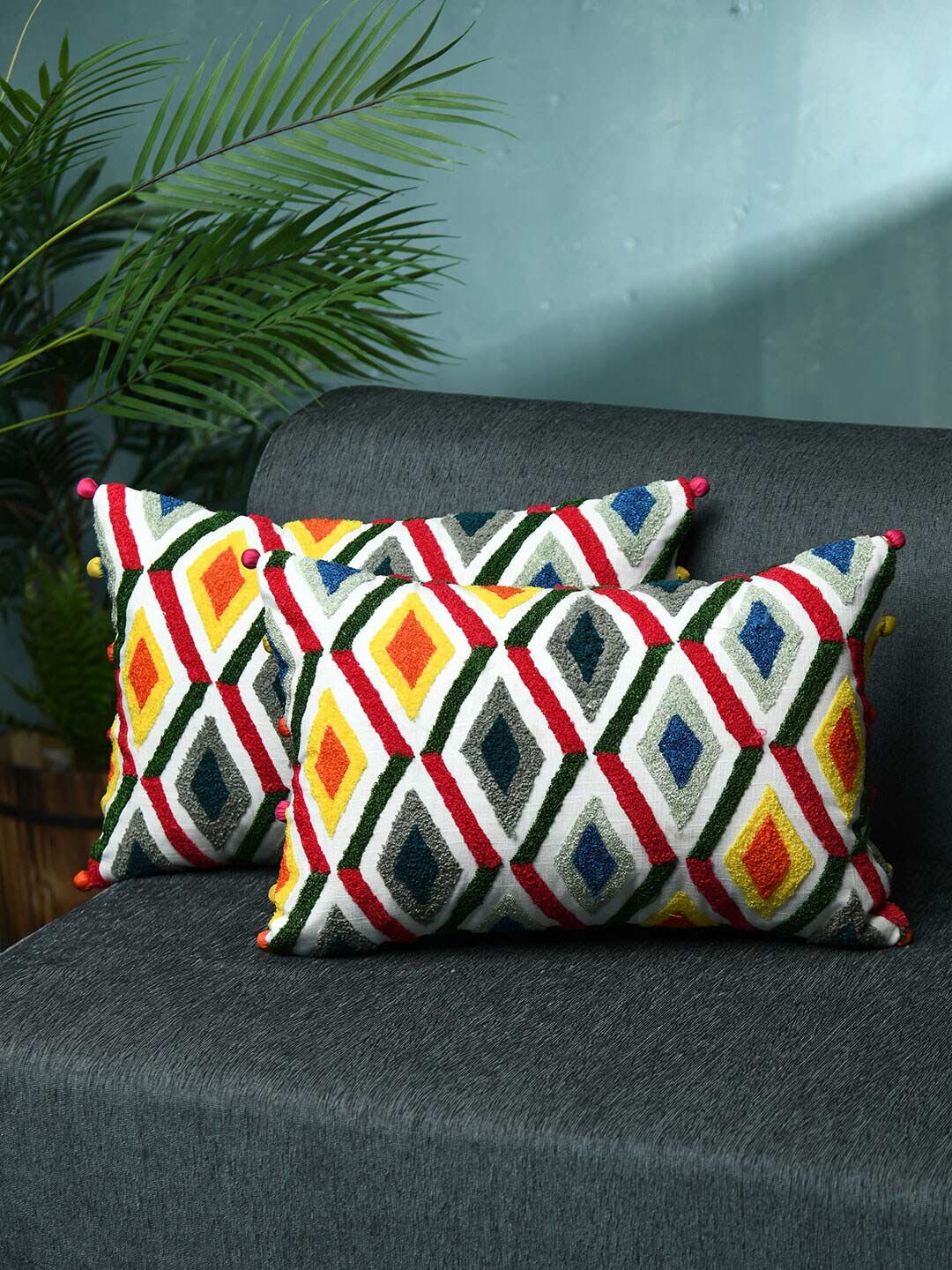 

AMOROSA Set of 2 White & Blue Geometric Rectangle Cushion Covers