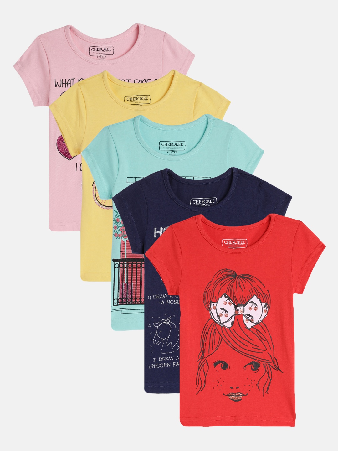 

Cherokee Girls Pack Of 5 Assorted Printed Round Neck Pure Cotton T-shirts