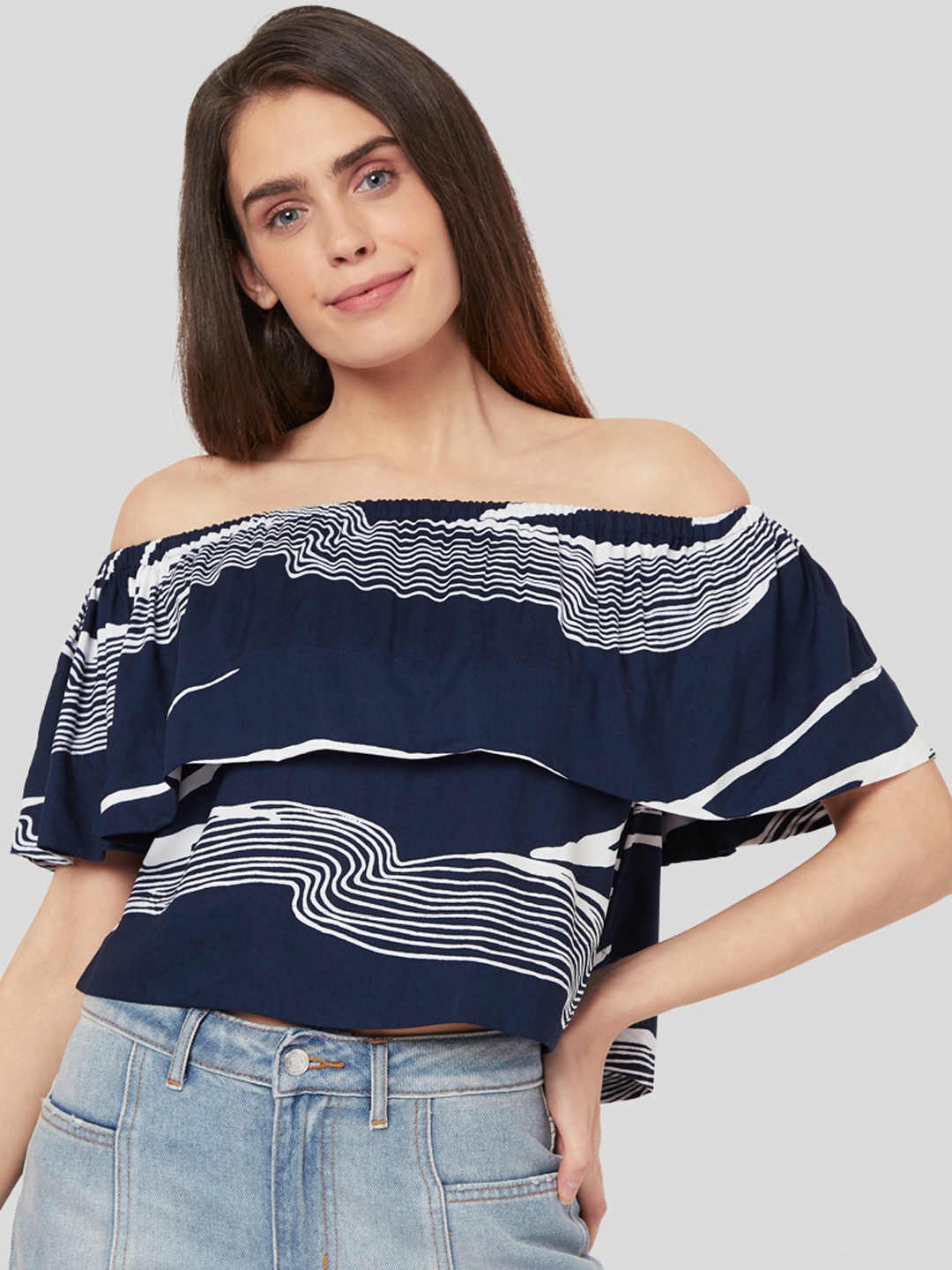 

Vero Moda Women Navy Blue & White Off-Shoulder Layered Bardot Top