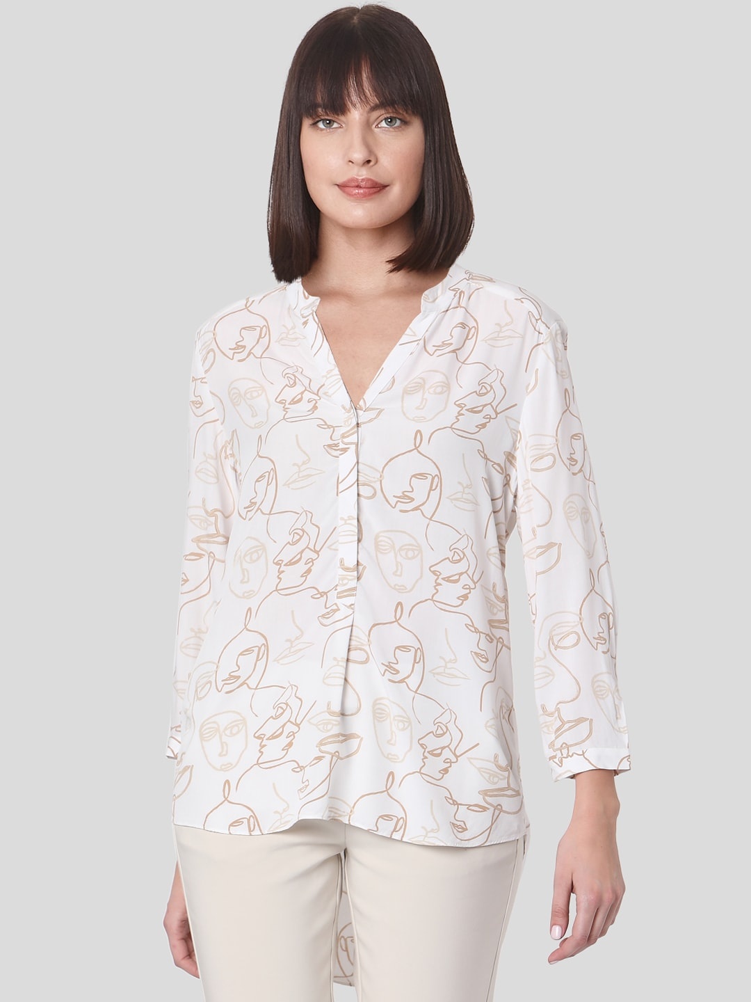 

Vero Moda Women White & Brown Mandarin Collar Regular Top