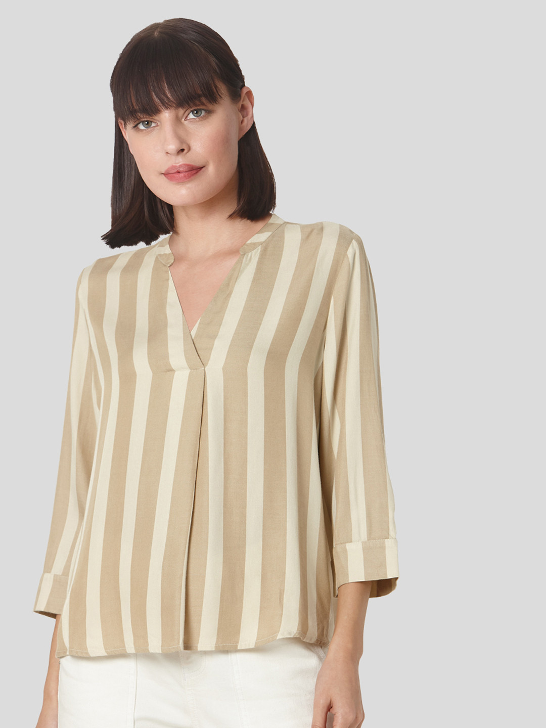 

Vero Moda Beige & Off White Striped Mandarin Collar Regular Top