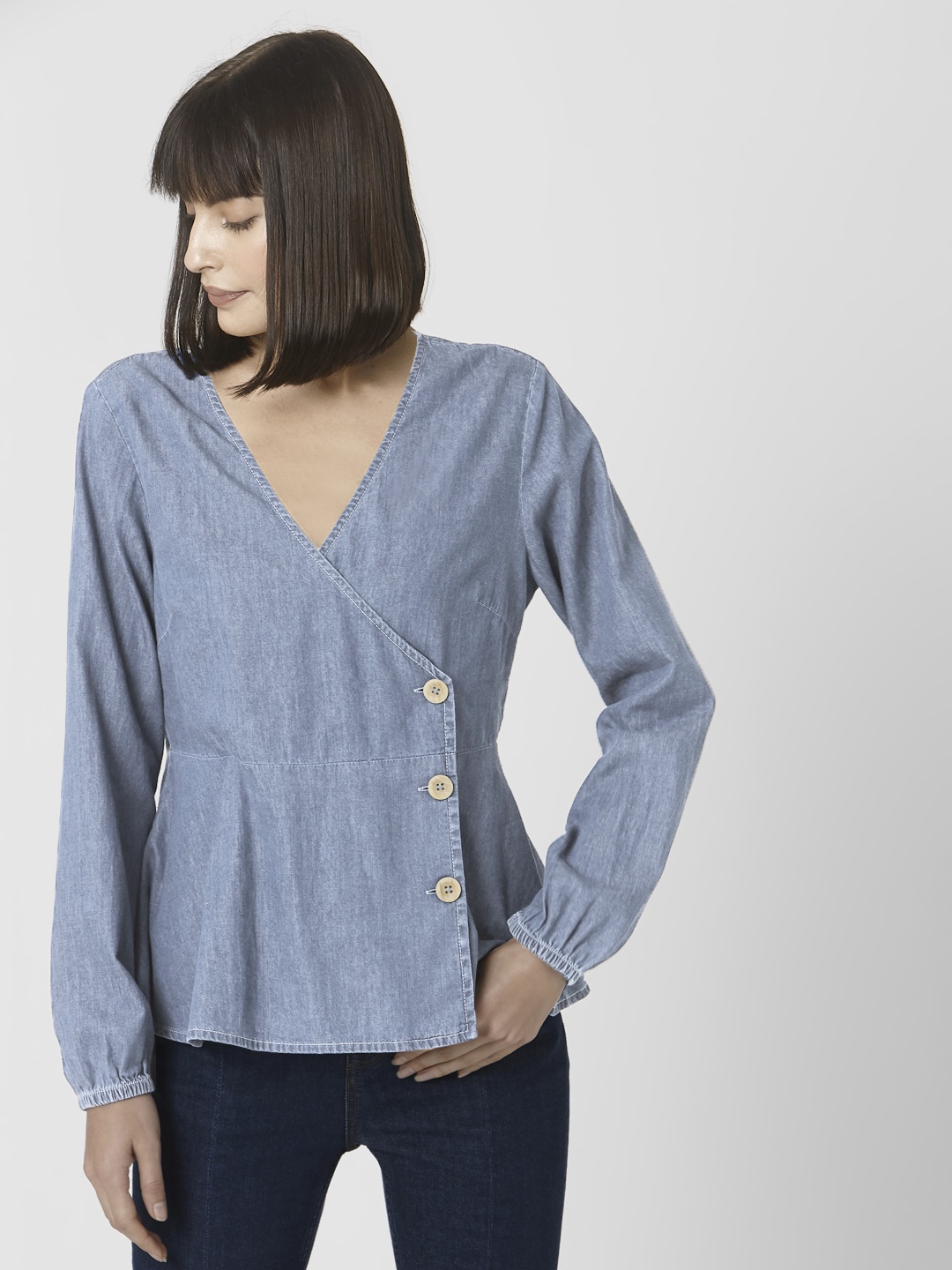 

Vero Moda Blue Wrap Top with Button Closure