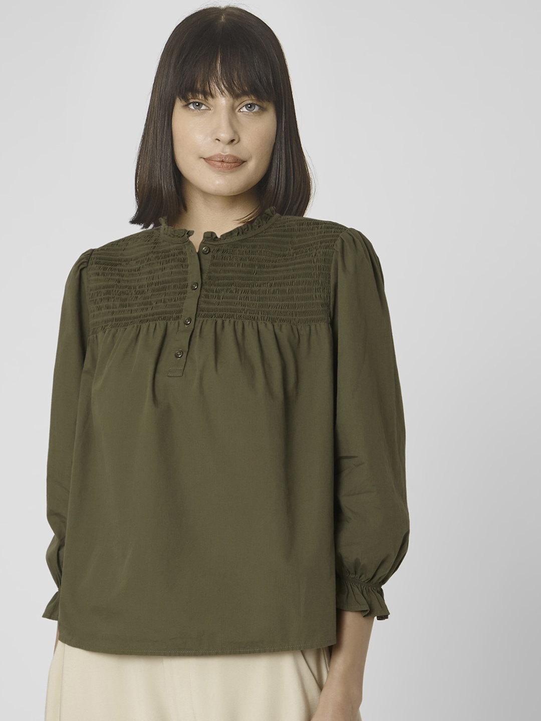 

Vero Moda Olive Green Mandarin Collar Regular Top