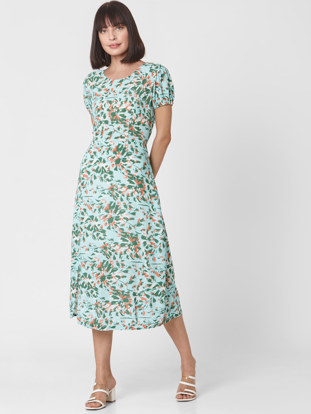 

Vero Moda Blue & Green Floral Print Cut-Outs Sheath Midi Dress with Side Slits