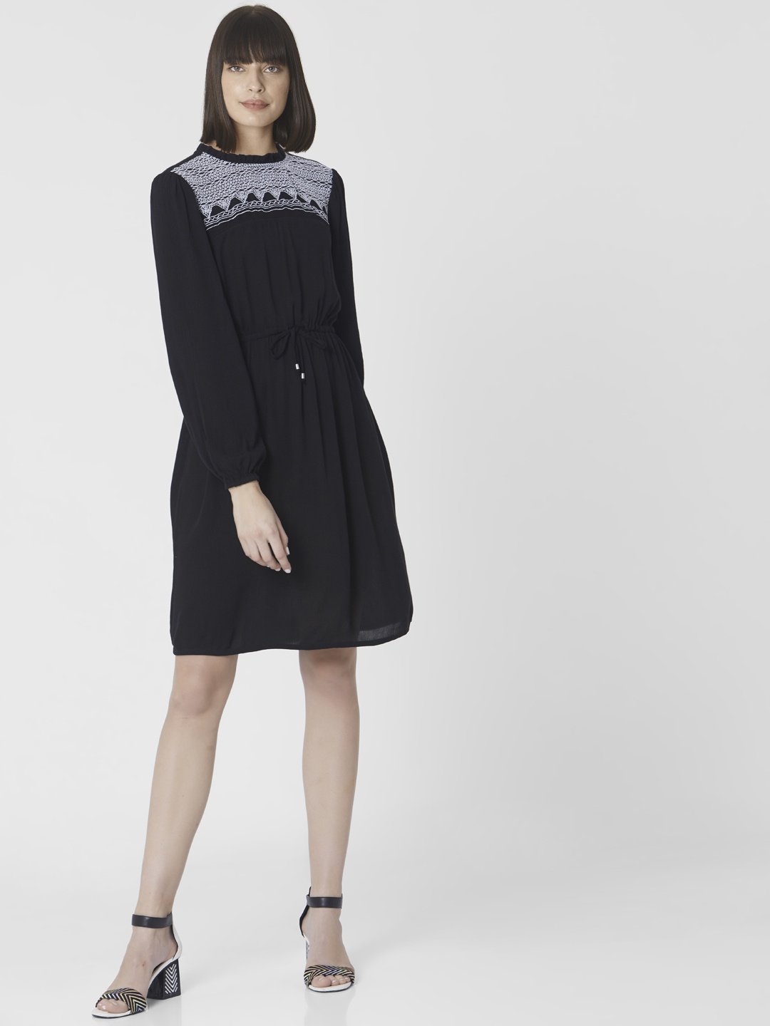 

Vero Moda Black Embroidered Dress with Waist Tie-Ups