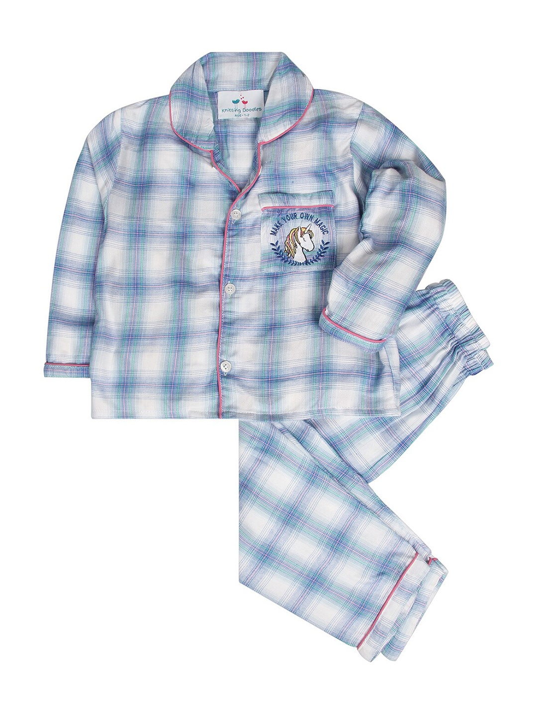 

Knitting Doodles Kids White & Blue Checked Night suit
