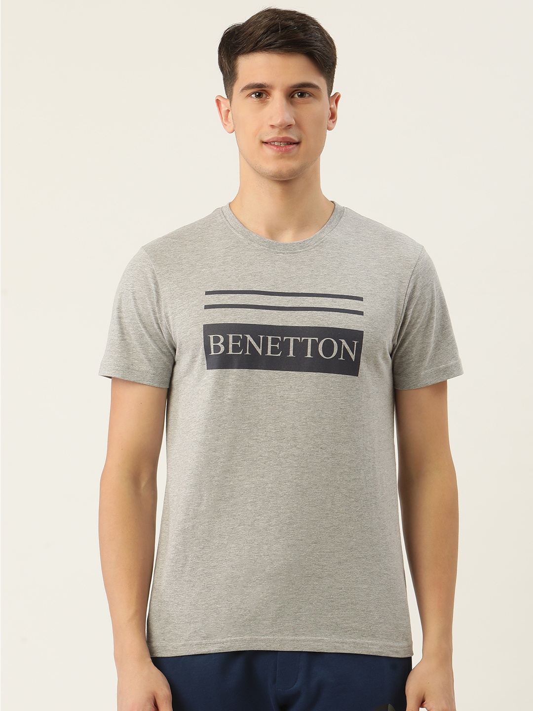 

United Colors of Benetton Men Grey Melange & Navy Blue Typography Printed T-shirt