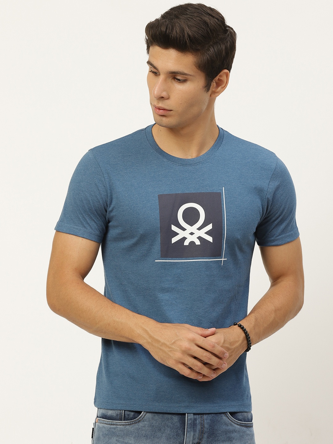 

United Colors of Benetton Men Blue & White Brand Logo Printed T-shirt