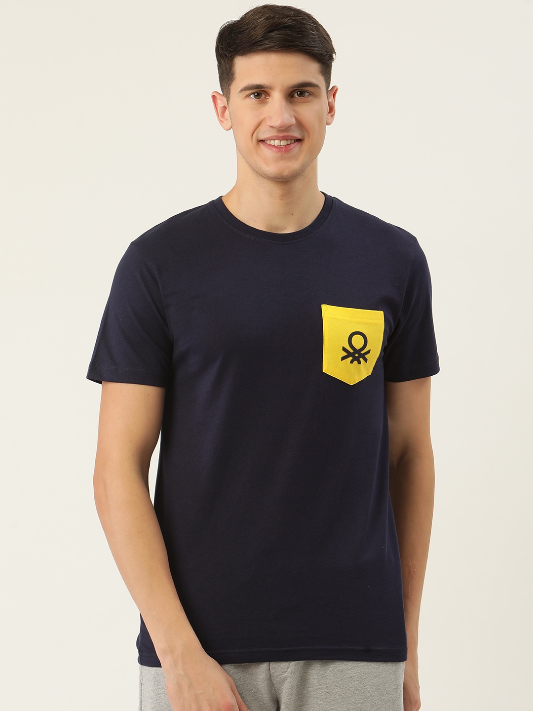 

United Colors of Benetton Men Navy Blue Brand Logo Pocket Detailing T-shirt