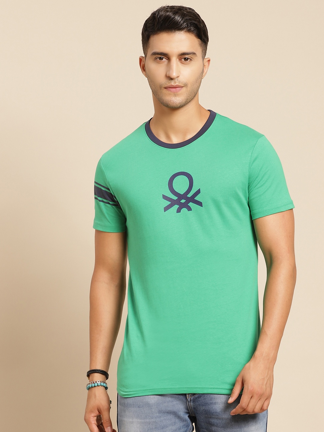 

United Colors of Benetton Men Green & Navy Blue Brand Logo Printed Cotton T-shirt