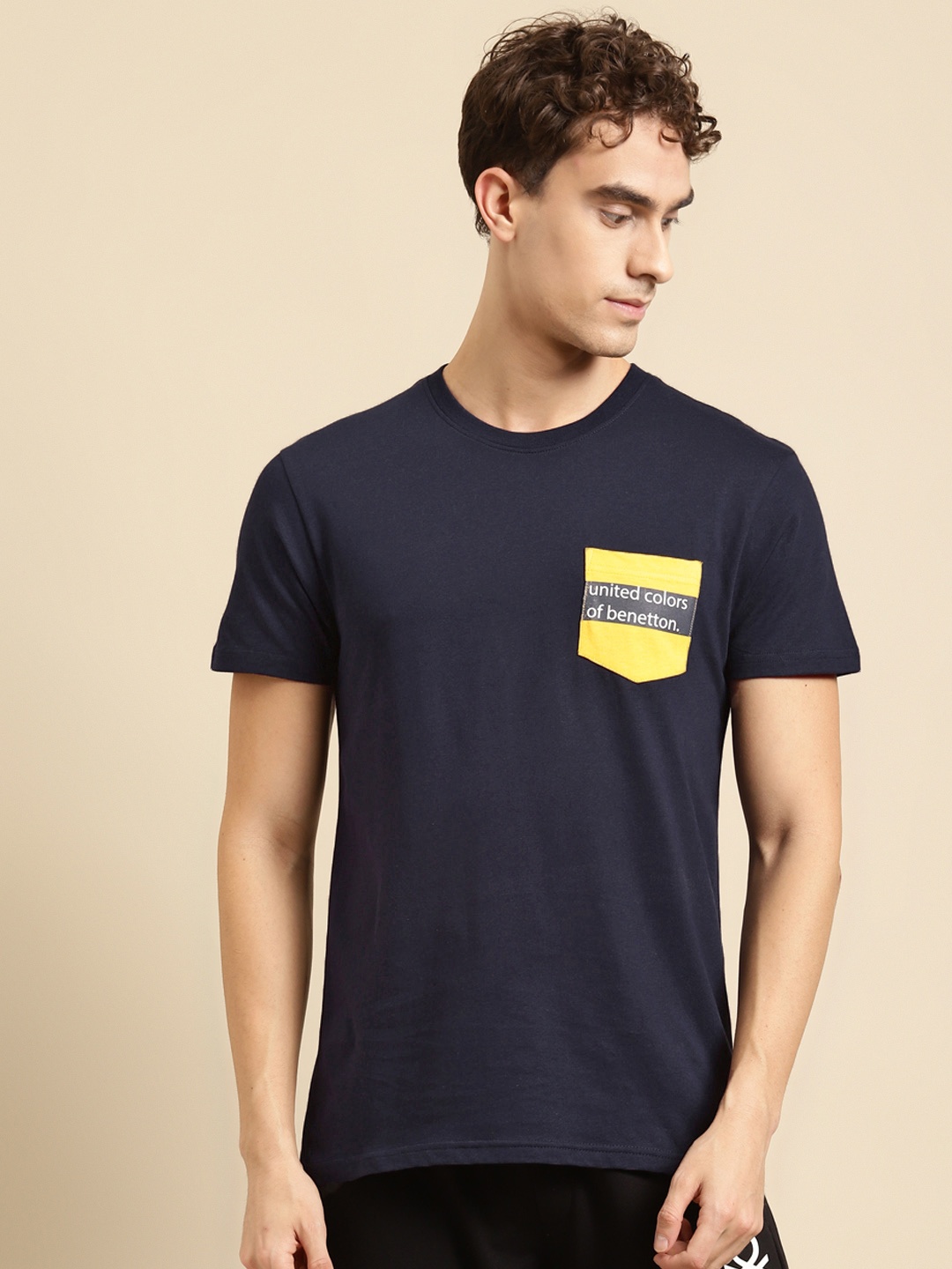 

United Colors of Benetton Men Navy Blue Solid Pure Cotton T-shirt