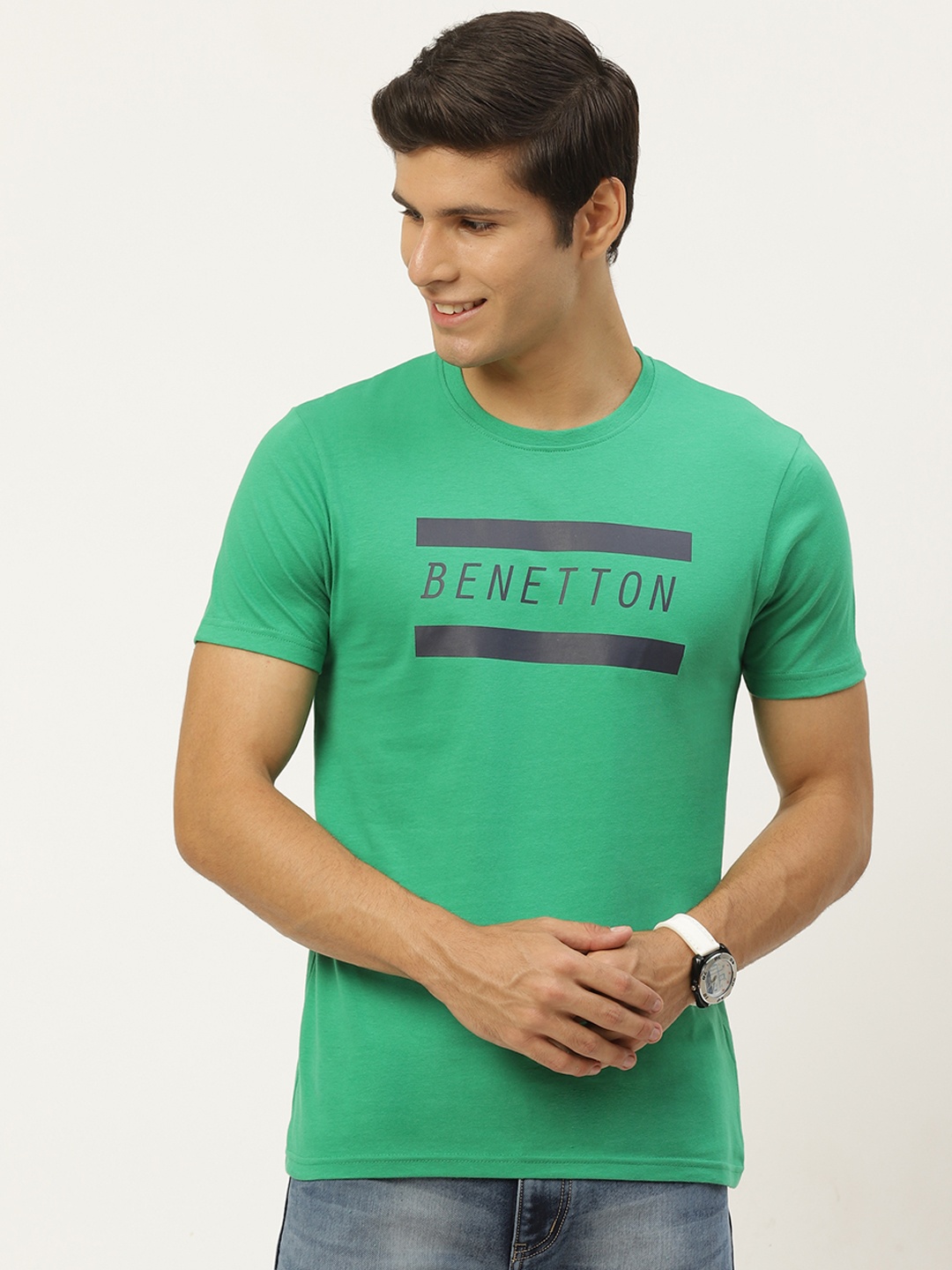 

United Colors of Benetton Men Green Navy Blue Brand Logo Printed Pure Cotton T-shirt