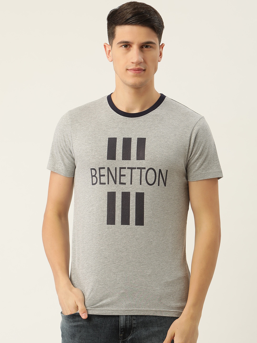 

United Colors of Benetton Men Grey Melange Brand Logo Printed T-shirt