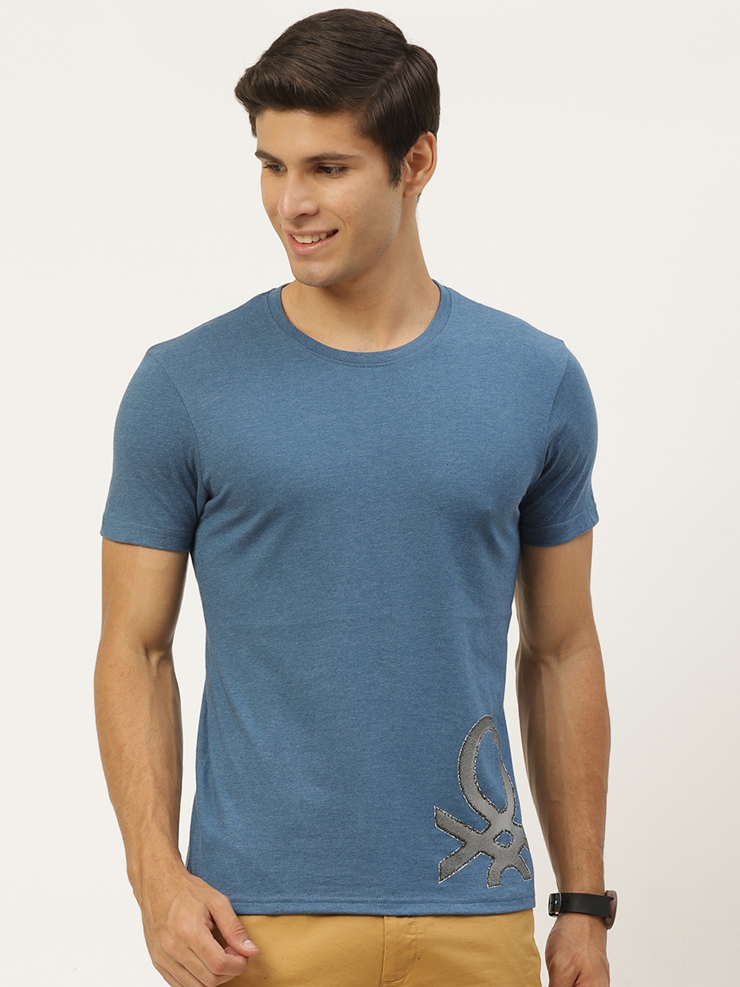 

United Colors of Benetton Men Blue Brand Logo Printed T-shirt